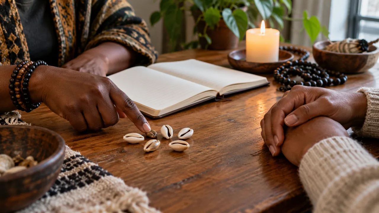 Hands discussing cowrie shells during a private spiritual consultation