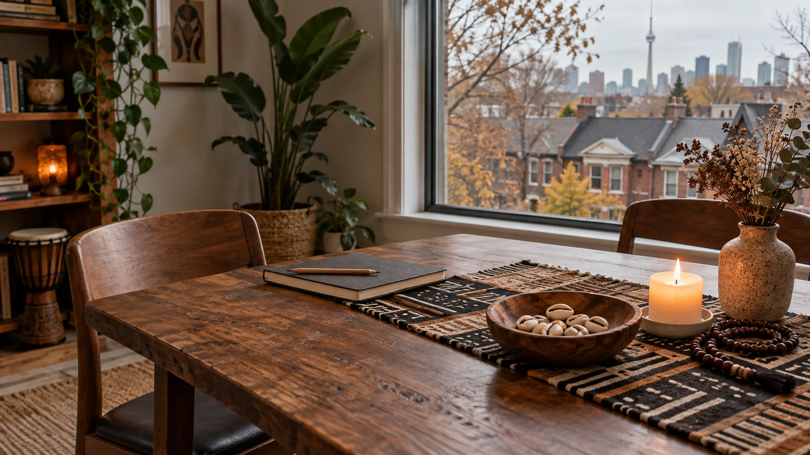 Spiritual consultation table with cowrie shells, candle and wooden beads in a Toronto home