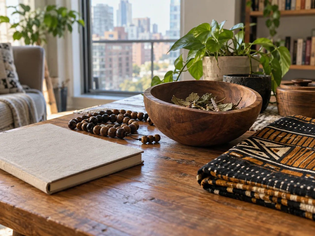 Traditional bowl, beads, natural plants and fabric arranged on a table