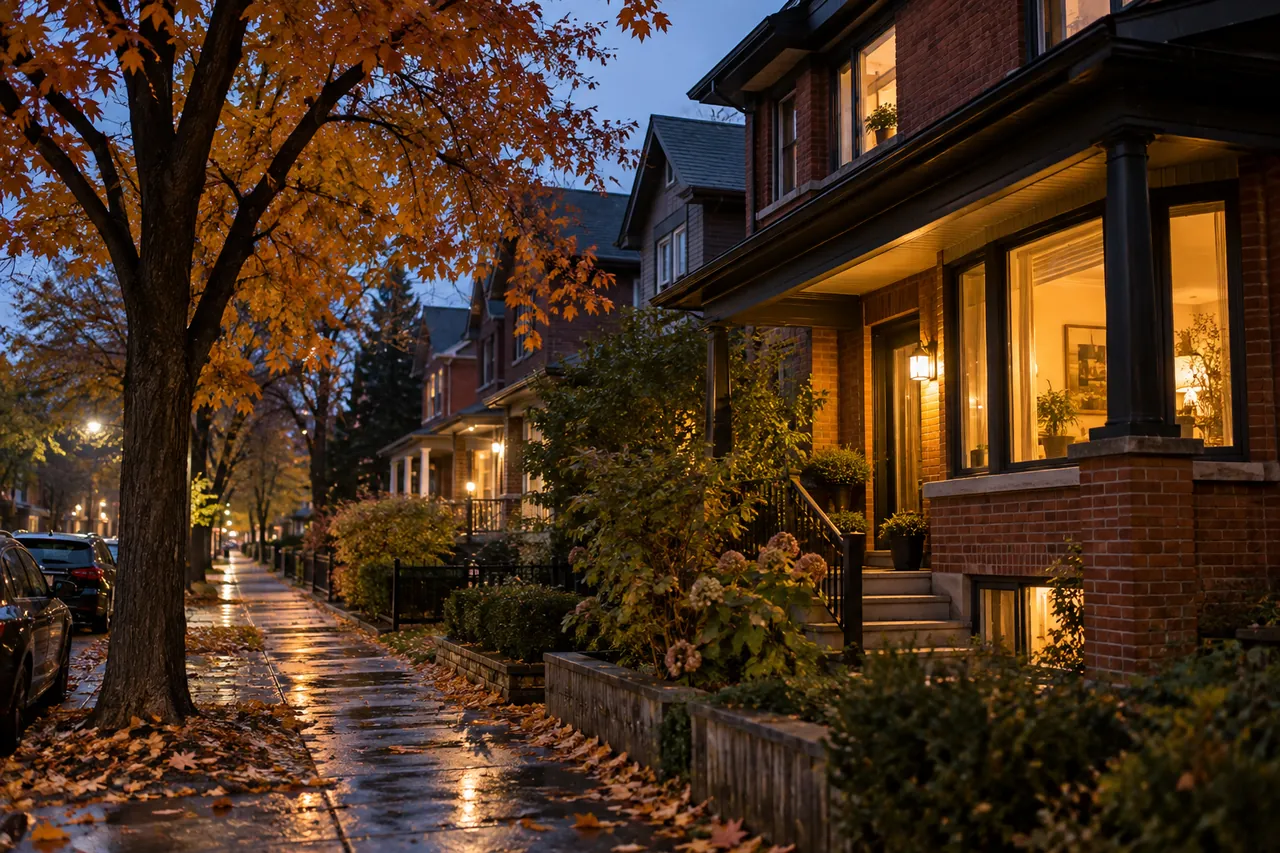 Toronto residential home with warm lights at dusk