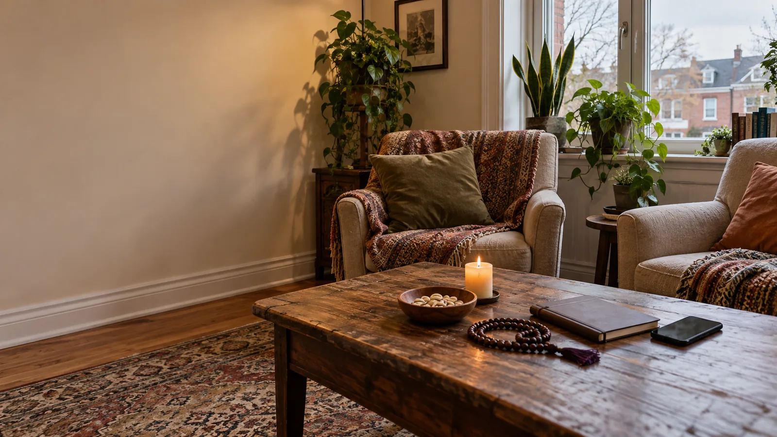 Spiritual consultation room with two chairs, cowrie shells and phone in Toronto